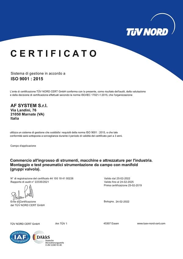 AF System Azienda certificata ISO 9001